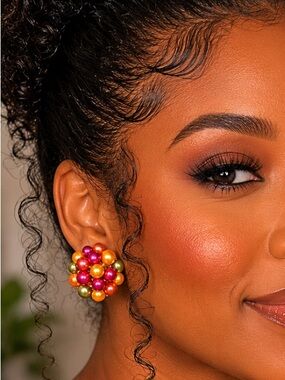 Colorful Cluster Pearl Earrings - Multicolor Statement Studs